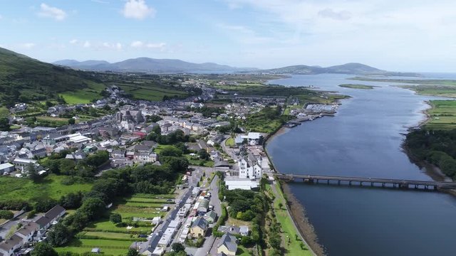 Cahersiveen on riverbank in Ireland, aerial