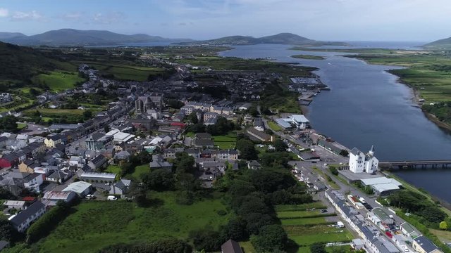 Wide aerial, quaint town of Cahersiveen