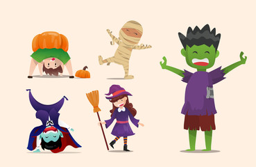 Lovely Kids in Halloween Dracula, Witch, Pumkin boy, Mummy and Zombie costumes.  Kid characters. Funny and cute carnival kids set. Halloween cartoon Vector illustration.