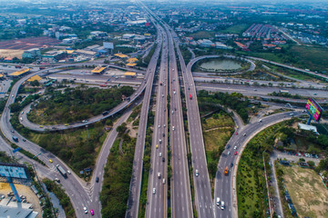 TRansport aerial view of intersection traffic cross road with vehicle movement