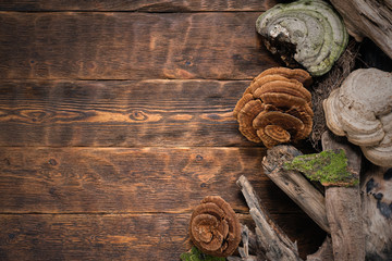 Old dried wood branches on brown wooden board background with copy space.