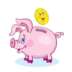 Piggy bank and gold coin. In cartoon style on a white background.