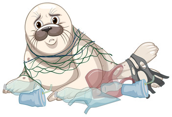 Seal gets caught with net and plastics