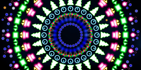 Multi-colored round neon shining, Christmas and New Year background. Colorful abstract glowing on black background fluorescent symbols. Disco night luminescent illumination illustration vector tunnel