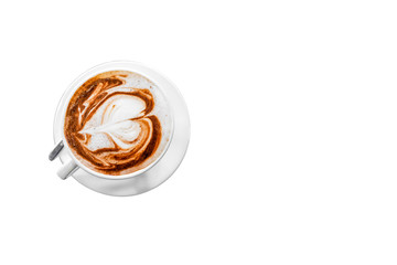 Hot coffee cappuccino latte spiral foam isolated on white background