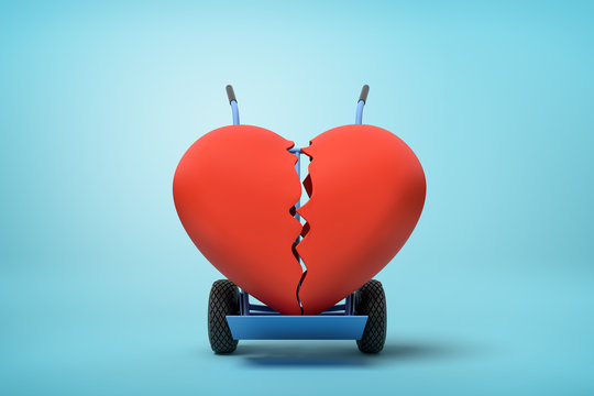 3d rendering of broken big red heart on a hand truck on blue background