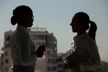 Silhouettes of female colleagues chatting near office window. Businesswomen standing against urban view, talking and smiling. Business colleagues concept