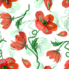 Poppies Flowers Seamless Pattern. Watercolor Background.