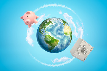 3d rendering of colored earth globe with pink piggy bank and metal bank safe on blue sky background