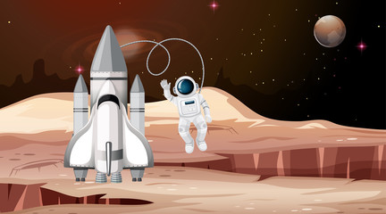 Rocket and astronaut mars scene