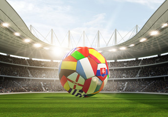 Fußballstadion mit Ball und eropäischen Flaggen - 290553498