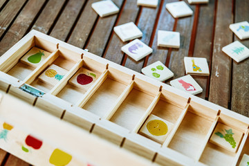 Wooden game to match drawings, used in educational alternative pedagogies, such as the montessori method.