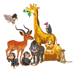 Many wild animals on white background