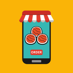 Smartphone with sushi on the screen. Order fast food concept. Flat vector illustration.
