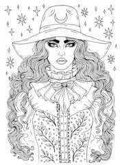 Vector hand drawn portrait of a young modern city witch. Young girl with long wavy hair and wide brim fashion hat. Ornamental Patterned page for coloring book. Design card, print on t-shirt  Halloween