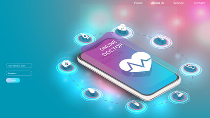 Fototapeta premium Online tele medicine isometric concept. Medical consultation and treatment via application of smartphone connected internet clinic.