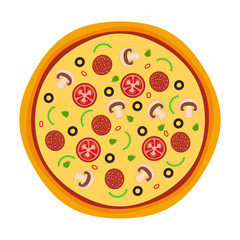 Italian pizza with tomato, sausage, olive and mushrooms. Isolated On White. Vector illustration