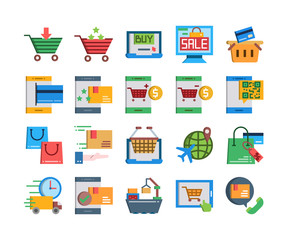 shopping and delivery flat icon set, vector and illustration