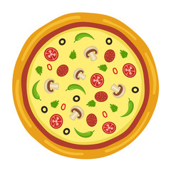 Italian pizza with tomato, sausage, olive and mushrooms. Isolated On White. Vector illustration