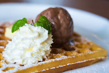 chocolate ice cream, soft cream, cheese on waffle in the white plate