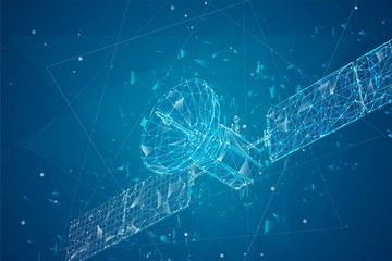 vector 3d background. communication satellite in a volumetric triangular style. abstract caotic particle explosion