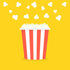 Popcorn popping. Red yellow strip box. Cinema movie night icon. Vector illustration.