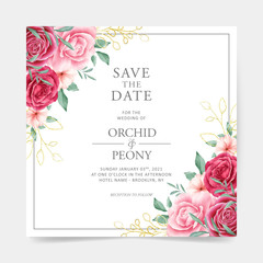 Wedding card with watercolor floral decoration and golden outlined leaves