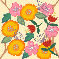 Abstract wallpaper vintage flowers and leaves pattern.Decorative floral background.