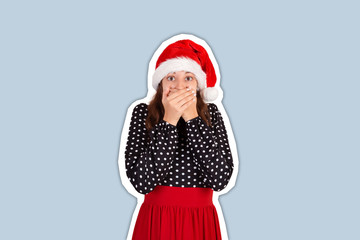 woman in dress scared and closes the mouth with her hands. Magazine collage style with trendy color background. holiday concept