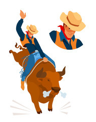 A cowboy on a bull. Handsome man saddled a bucking bull, confidently holding in saddle, raised his hand up, smiling.