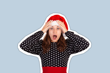 Studio shot of silly and tired upset and troubled woman in dress holding hands on head. Magazine collage style with trendy color background. holiday concept