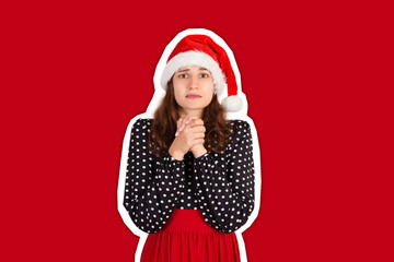 Gloomy cute and timid woman in dress holding hands in pray, asking for apology or help. Magazine collage style with trendy color background. holiday concept