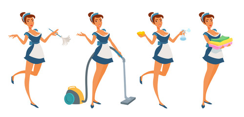 Maid girl in a uniform holding tools: feather duster, vacuum cleaner, sponge, pulverizer, clean linen, towels. 