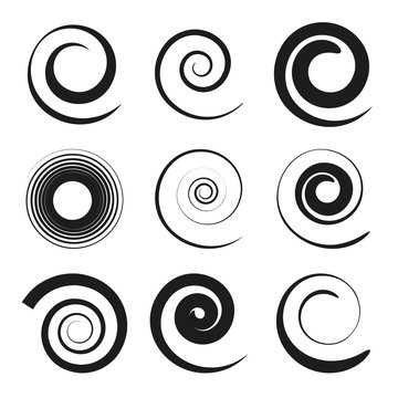 Set of black spiral and swirl motion elements. Swirling vector icons