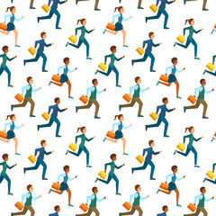 Fototapeta na wymiar Seamless pattern. Men and women in office suits, work clothes running with suitcases. Managers hurry to work.