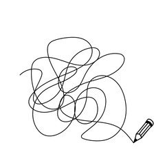 Random chaotic line drawn in pencil. Hand drawing insane tangled scribble clew. Vector illustration isolated on white background.