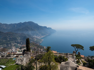 Italy, april 2019: Beautiful scenic picture-postcard view of famous Amalfi Coast with Gulf of Salerno from Villa Rufolo gardens in Ravello, Campania