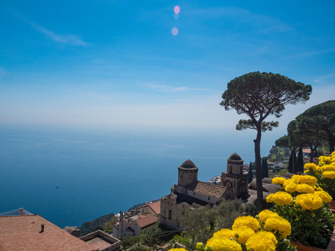 Italy, april 2019: Beautiful scenic picture-postcard view of famous Amalfi Coast with Gulf of Salerno from Villa Rufolo gardens in Ravello, Campania