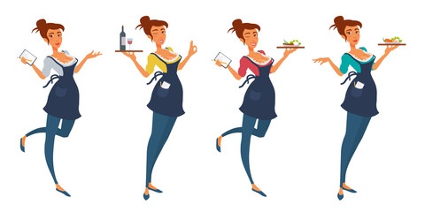 Cute young waitress girl in uniform holding a tray of food, notepad, smiling, pointing hand.