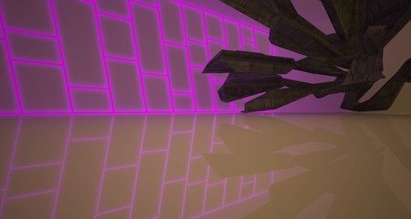 Abstract architectural concrete interior of a minimalist house with color gradient neon lighting. 3D illustration and rendering.