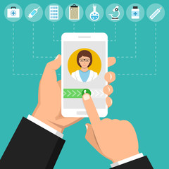 Hand holding smartphone with female doctor on call and an online consultation. Medical icons set. Vector flat illustration.