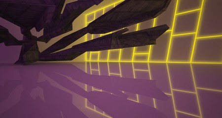 Abstract architectural concrete interior of a minimalist house with color gradient neon lighting. 3D illustration and rendering.