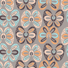 Modern seamless stylized design with abstract geometric butterflies and flowers.