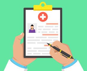 Doctor holding medical clipboard and takes notes on it. Medical report. Vector illustration.