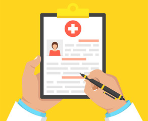 Doctor holding medical clipboard and takes notes on it. Medical report. Vector illustration.