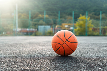 Basketball ball on the sports court closeup