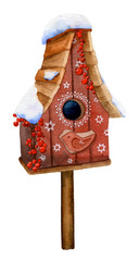 Picture of a cute snow-covered cartoon birdhouse hand drawn in watercolor isolated on a white background