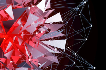 3D Illustration Rendering. Red glowing Sphere orb with shattered glass rising behing a white 3D grid. Abstract creative tech design with Technology computer inspired vision background. - Closeup
