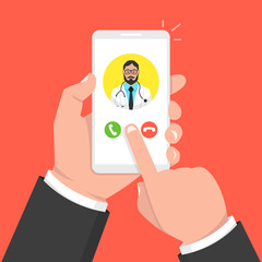 Hand holding smartphone with male doctor on call and an online consultation. Vector illustration.