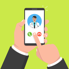 Hand holding smartphone with male doctor on call and an online consultation. Vector illustration.